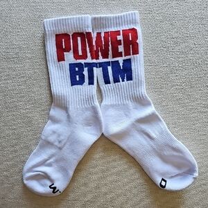 White Athletic Crew Socks with Red & Blue  "POWER BTTM"